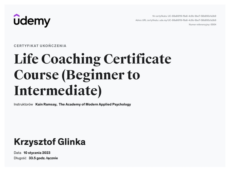 dyplom life coach Krzysztof Glinka